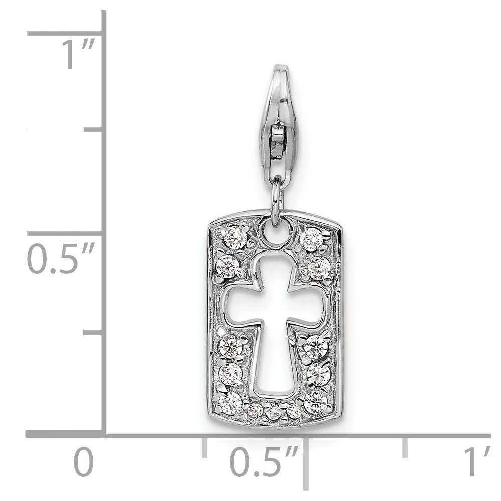 Amore La Vita Sterling Silver Rhodium-plated Polished Reversible CZ Cut-out Cross Faith Clip-on Charm with Fancy Lobster Clasp