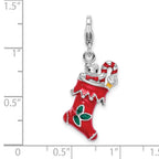 Amore La Vita Sterling Silver Rhodium-plated Polished 3-D Red Enameled Holiday Stocking Charm with Fancy Lobster Clasp