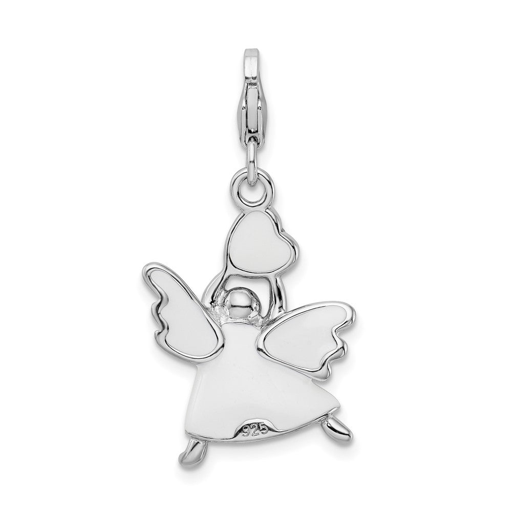 Amore La Vita Sterling Silver Rhodium-plated Polished 3-D White Enameled Crystal Angel Charm with Fancy Lobster Clasp