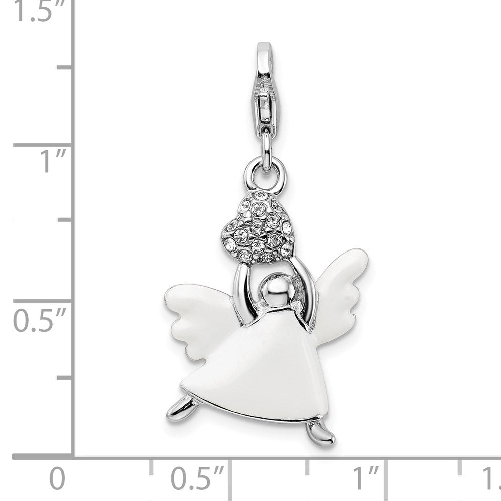 Amore La Vita Sterling Silver Rhodium-plated Polished 3-D White Enameled Crystal Angel Charm with Fancy Lobster Clasp