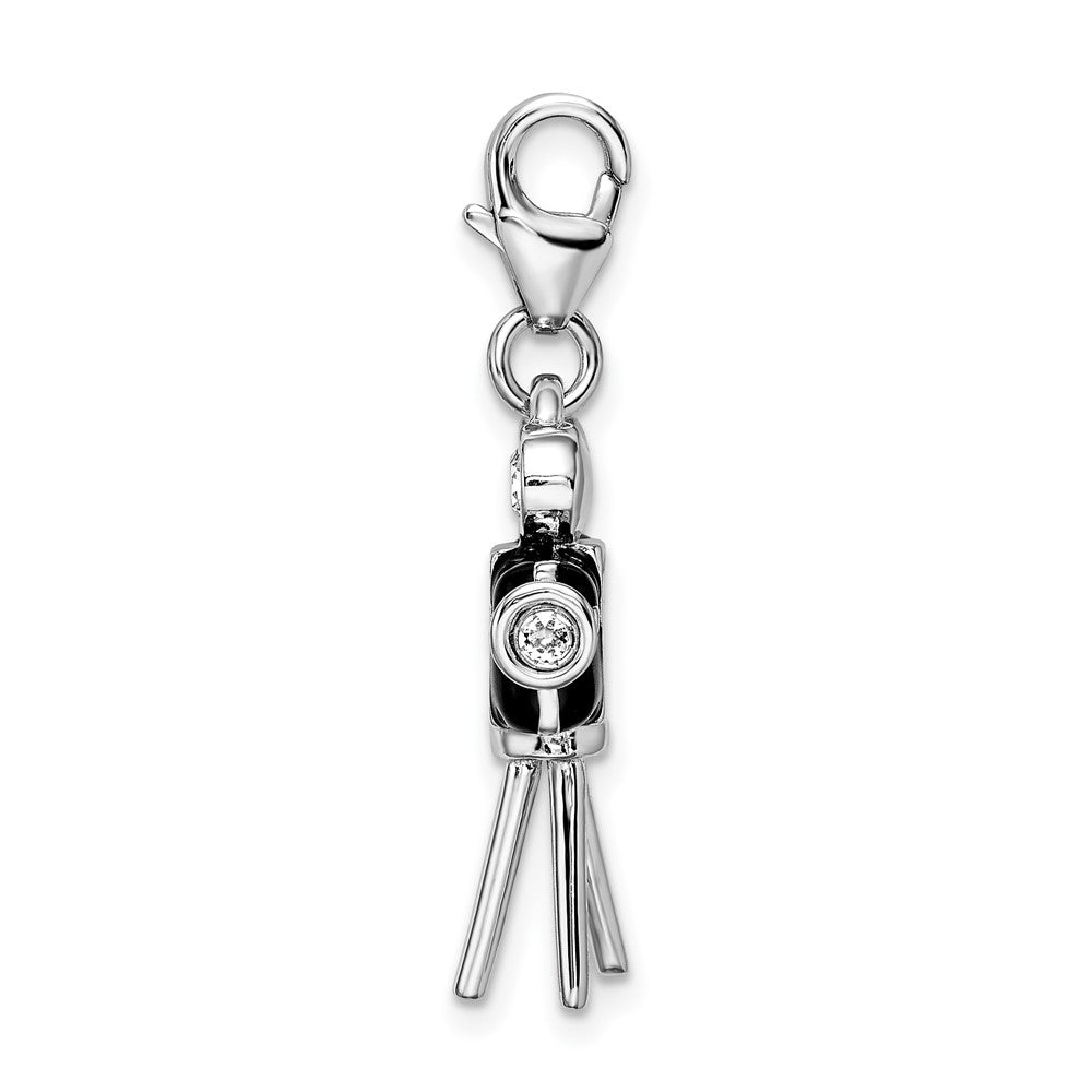 Amore La Vita Sterling Silver Rhodium-plated Polished 3-D Enameled Swarovski Crystal Movie Camera Charm with Fancy Lobster Clasp