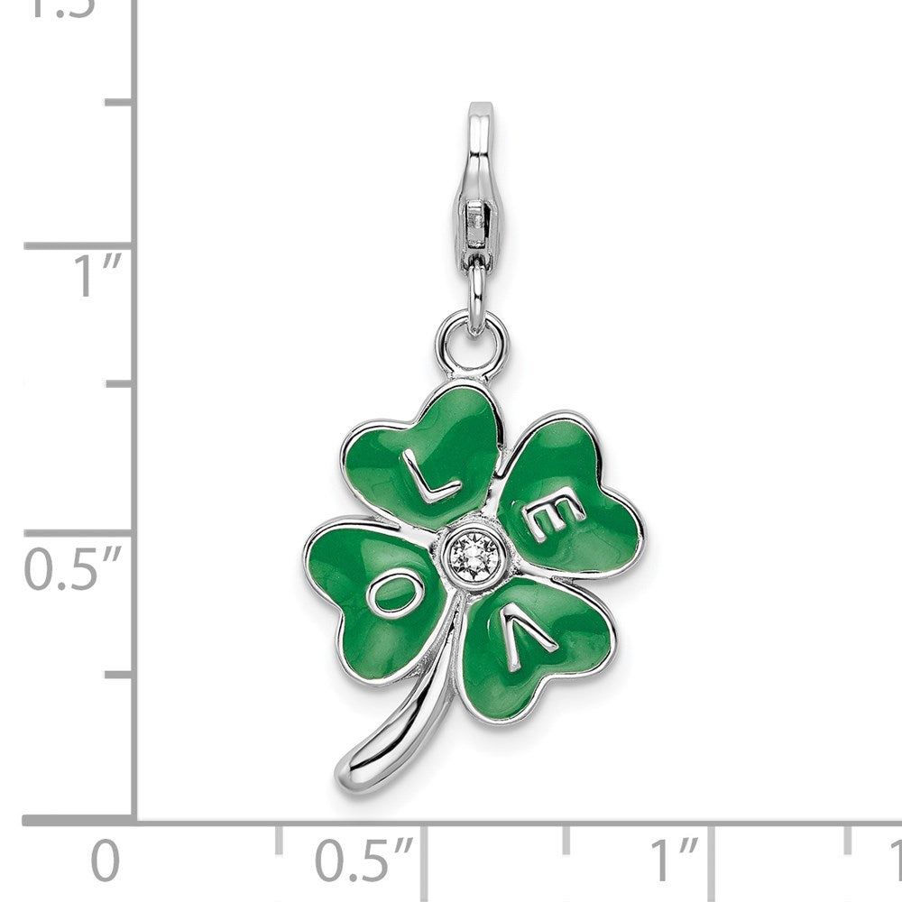 Amore La Vita Sterling Silver Rhodium-plated Polished 3-D Green Enameled 4 Leaf Clover and Clear Crystal LOVE Charm with Fancy Lobster Clasp