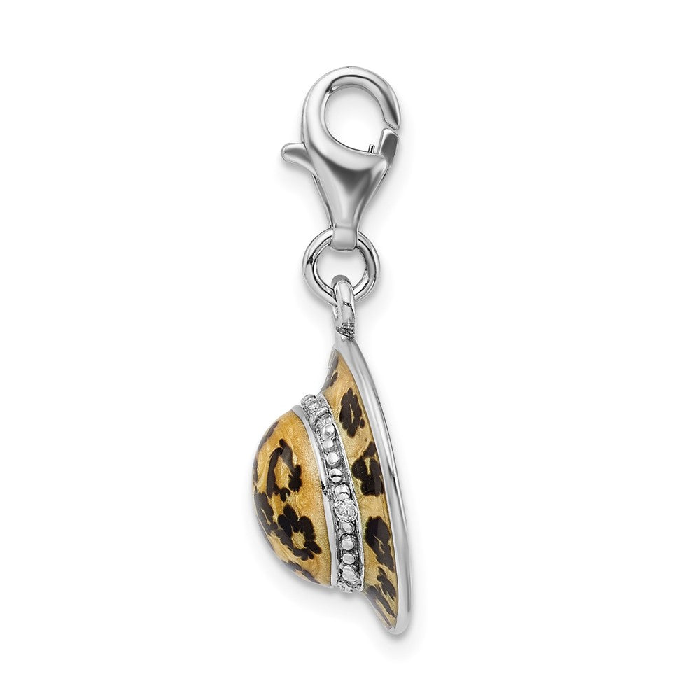 Amore La Vita Sterling Silver Rhodium-plated Polished 3-D CZ Enameled Leopard Hat Charm with Fancy Lobster Clasp