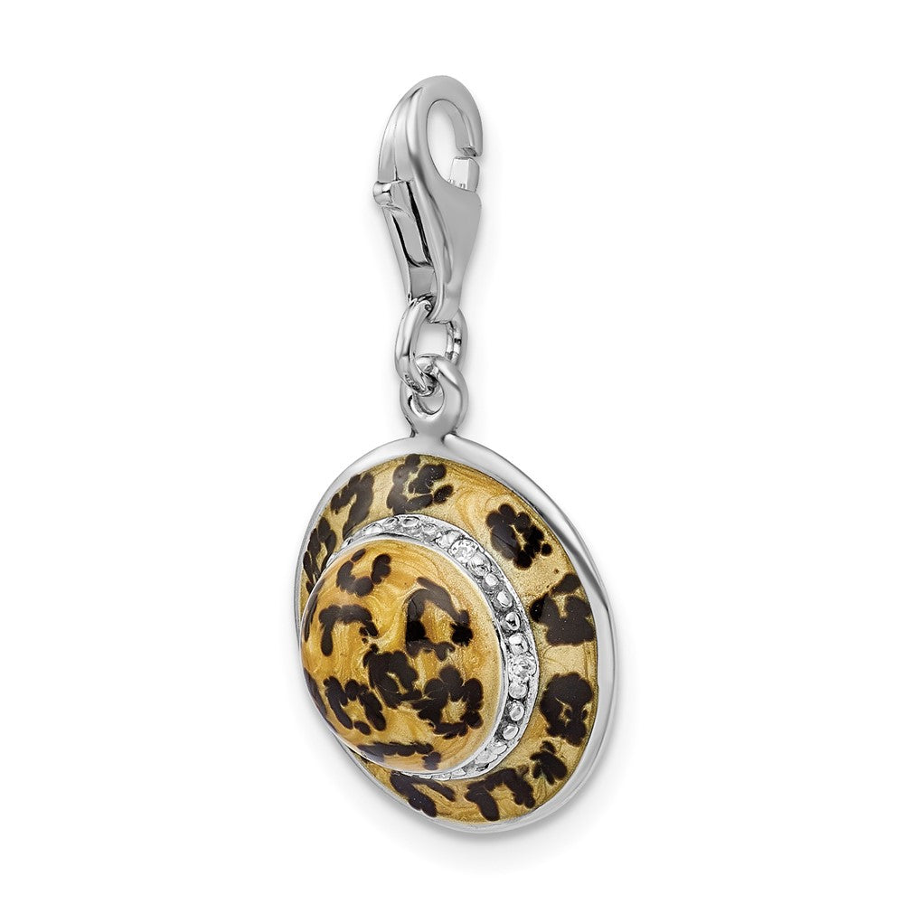 Amore La Vita Sterling Silver Rhodium-plated Polished 3-D CZ Enameled Leopard Hat Charm with Fancy Lobster Clasp