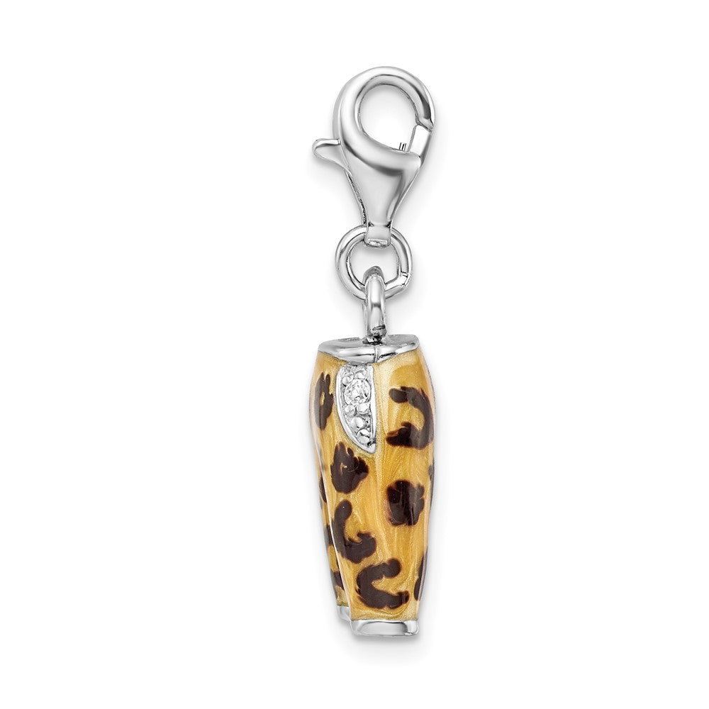 Amore La Vita Sterling Silver Rhodium-plated Polished 3-D CZ Enameled Leopard Pants Charm with Fancy Lobster Clasp