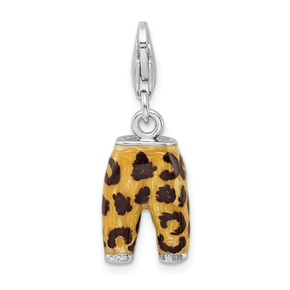 Amore La Vita Sterling Silver Rhodium-plated Polished 3-D CZ Enameled Leopard Pants Charm with Fancy Lobster Clasp