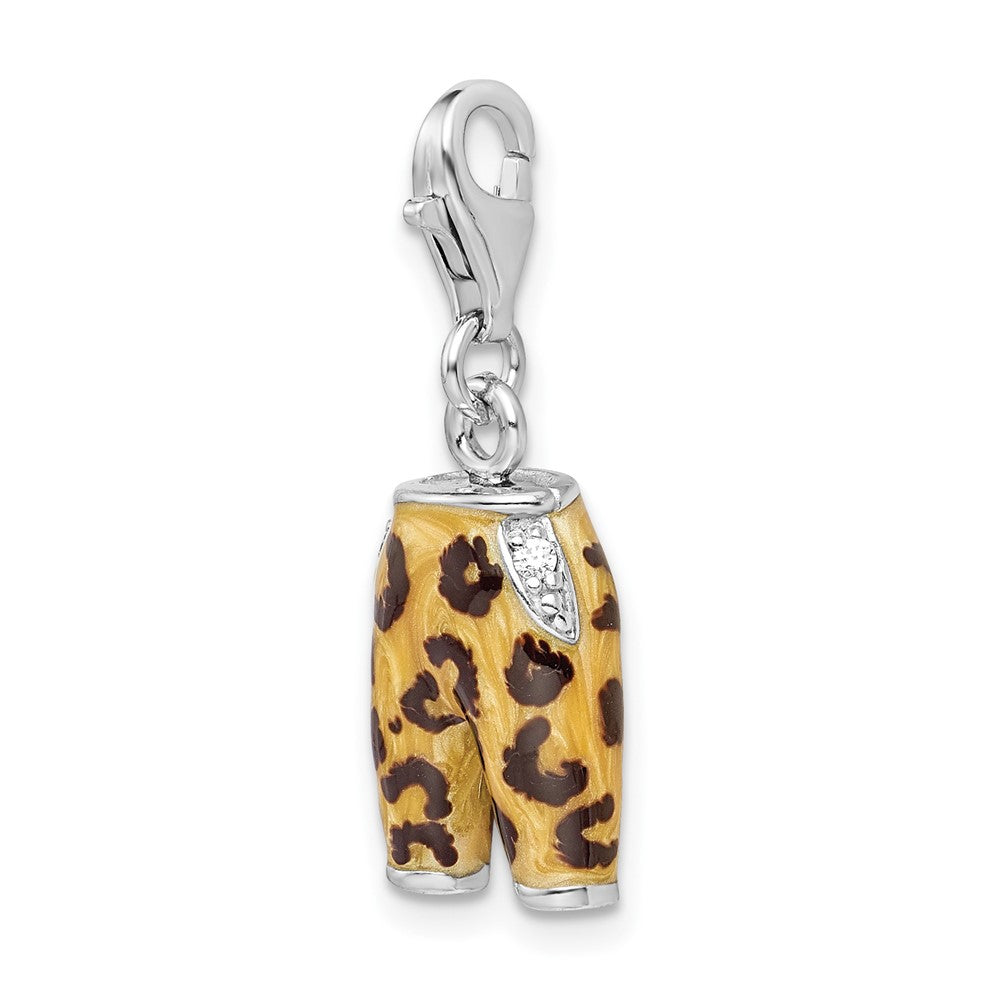 Amore La Vita Sterling Silver Rhodium-plated Polished 3-D CZ Enameled Leopard Pants Charm with Fancy Lobster Clasp