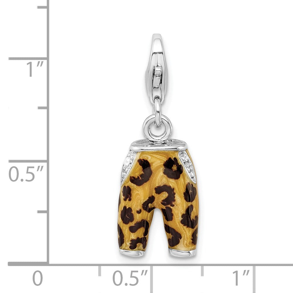 Amore La Vita Sterling Silver Rhodium-plated Polished 3-D CZ Enameled Leopard Pants Charm with Fancy Lobster Clasp