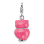 Amore La Vita Sterling Silver Rhodium-plated Polished 3-D Pink Enameled Heart Owl Charm with Fancy Lobster Clasp