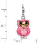 Amore La Vita Sterling Silver Rhodium-plated Polished 3-D Pink Enameled Heart Owl Charm with Fancy Lobster Clasp