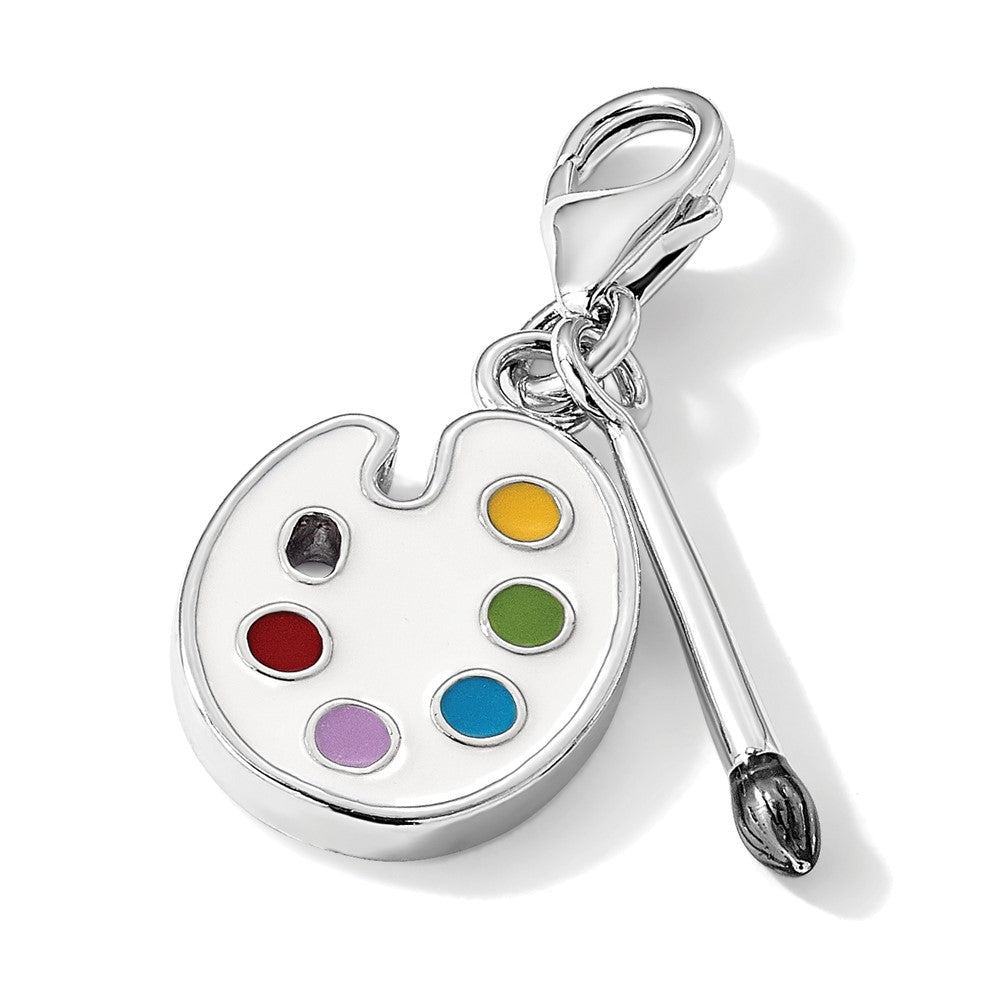 Amore La Vita Sterling Silver Rhodium-plated Polished Enameled 3-D Palette and Brush Charm with Fancy Lobster Clasp