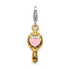 Amore La Vita Sterling Silver Rhodium-plated and Gold-plated Polished Enameled 3-D Heart Mirror Charm with Fancy Lobster Clasp