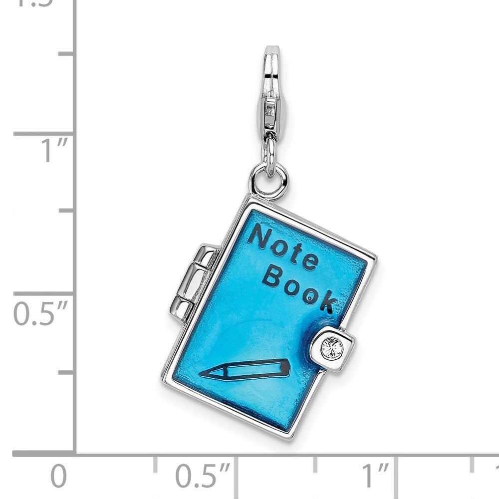 Amore La Vita Sterling Silver Rhodium-plated Polished 3-D Moveable Crystal Enameled 3-D Note Book Charm with Fancy Lobster Clasp