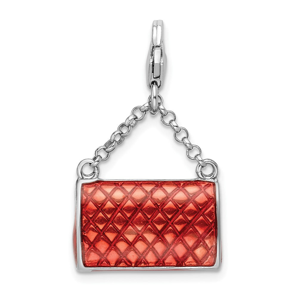 Amore La Vita Sterling Silver Rhodium-plated Polished 3-D Enameled with Swarovski Crystal Purse Charm with Fancy Lobster Clasp