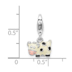 Amore La Vita Sterling Silver Rhodium-plated Polished 3-D Enameled Cow Charm with Fancy Lobster Clasp