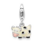 Amore La Vita Sterling Silver Rhodium-plated Polished 3-D Enameled Cow Charm with Fancy Lobster Clasp