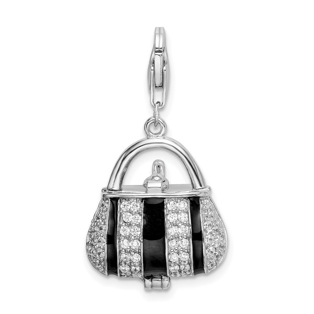 Amore La Vita Sterling Silver Rhodium-plated Polished 3-D Moveable Black Enameled CZ Handbag Charm with Fancy Lobster Clasp