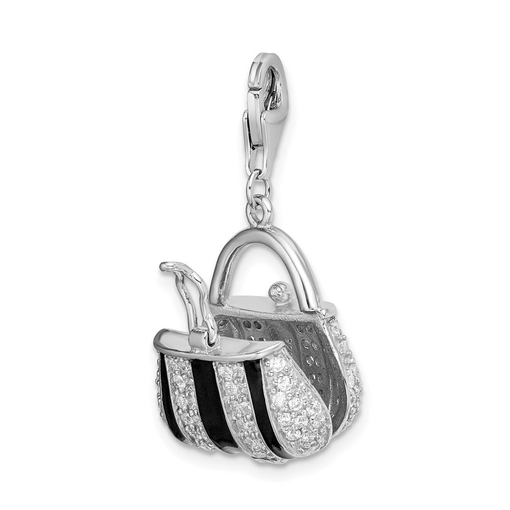 Amore La Vita Sterling Silver Rhodium-plated Polished 3-D Moveable Black Enameled CZ Handbag Charm with Fancy Lobster Clasp