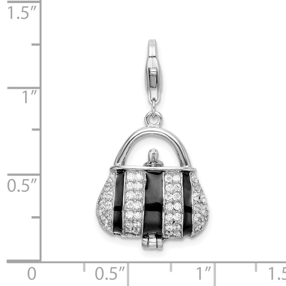 Amore La Vita Sterling Silver Rhodium-plated Polished 3-D Moveable Black Enameled CZ Handbag Charm with Fancy Lobster Clasp