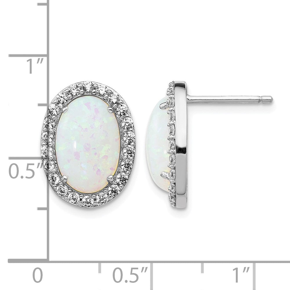 Cheryl M Sterling Silver Rhodium-plated Cabochon Lab Created Opal and Brilliant-cut CZ Oval Halo Post Earrings