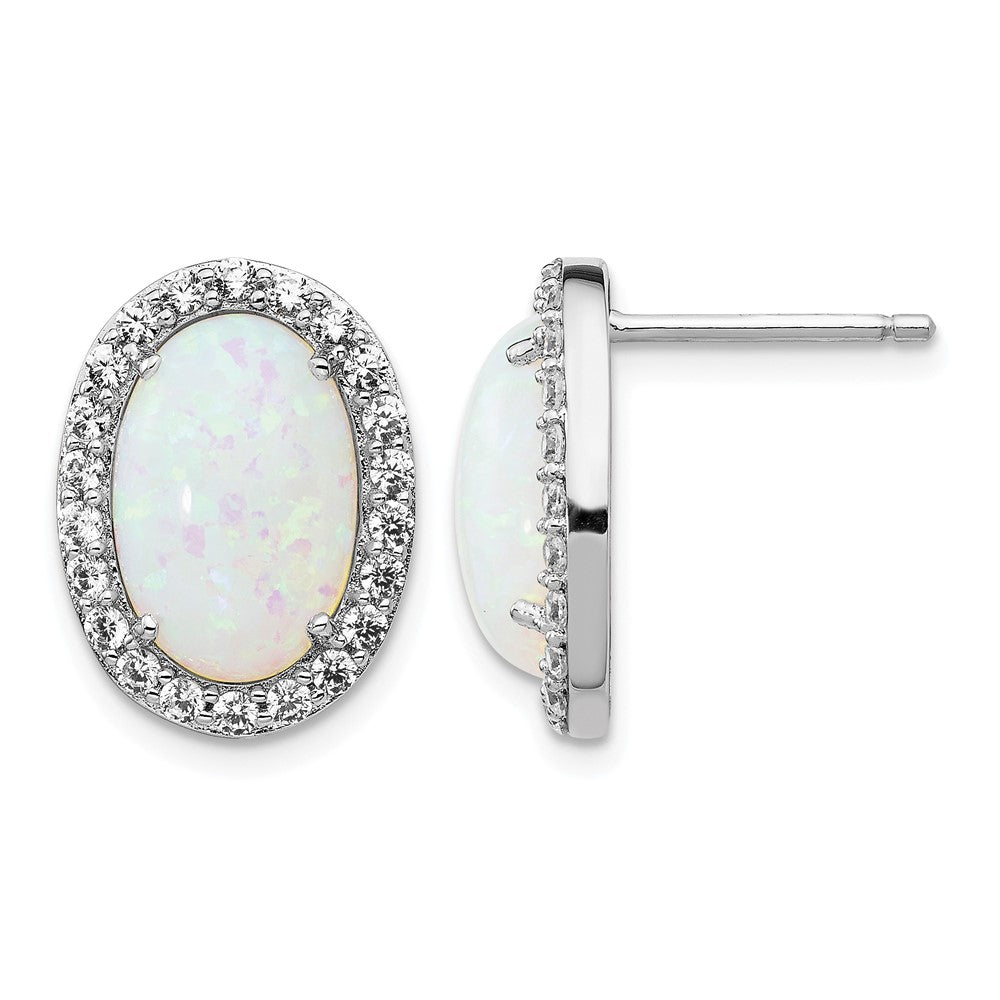 Cheryl M Sterling Silver Rhodium-plated Cabochon Lab Created Opal and Brilliant-cut CZ Oval Halo Post Earrings