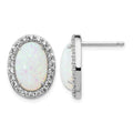 Cheryl M Sterling Silver Rhodium-plated Cabochon Lab Created Opal and Brilliant-cut CZ Oval Halo Post Earrings