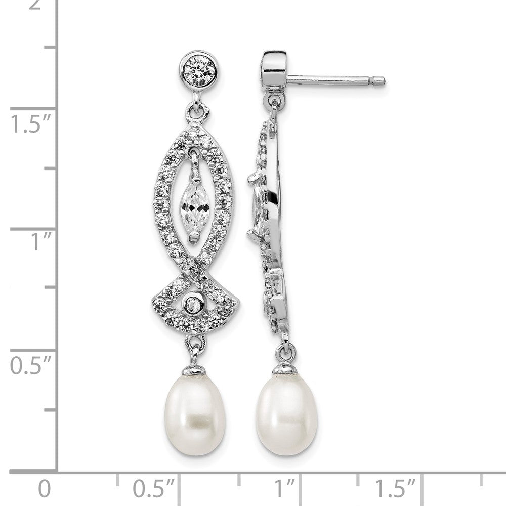 Cheryl M Sterling Silver Rhodium-plated Teardrop Freshwater Cultured Pearl and Marquise-cut/Brilliant-cut CZ Post Dangle Earrings