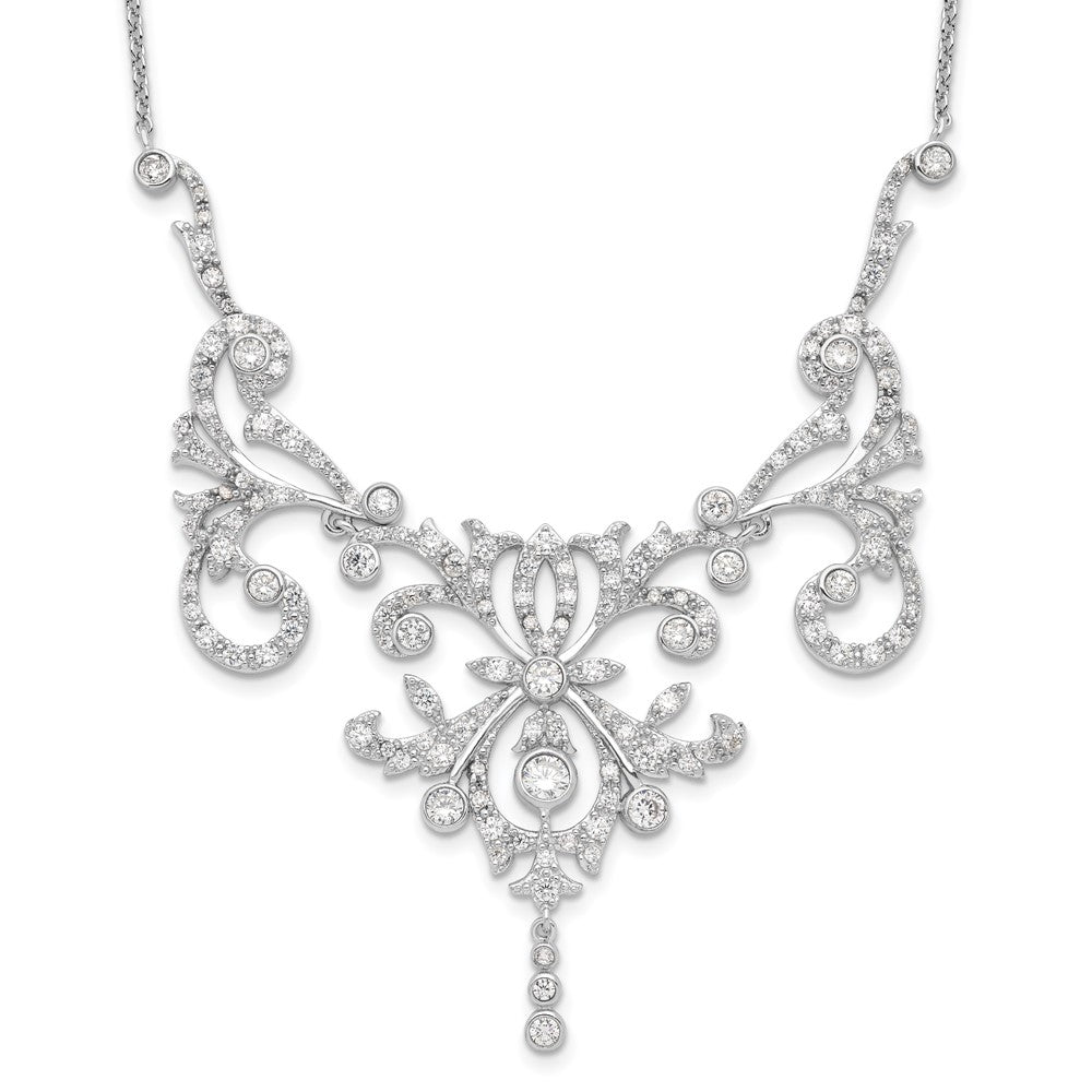 Cheryl M Sterling Silver Rhodium-plated Brilliant-cut CZ Bezel Fancy Scroll 17 Inch Necklace with 2 Inch Extender