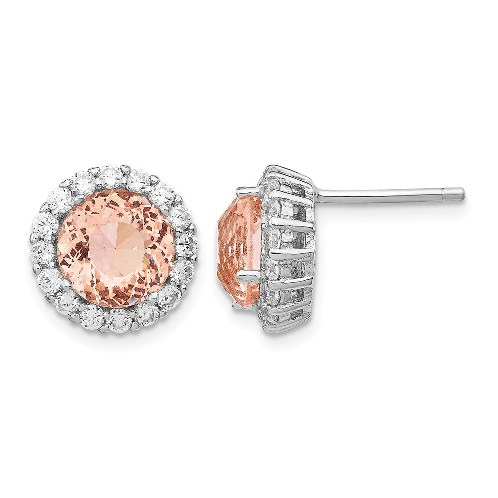 Cheryl M Sterling Silver Rhodium-plated 100 Facet Simulated Morganite and White Brilliant-cut CZ Halo Post Earrings