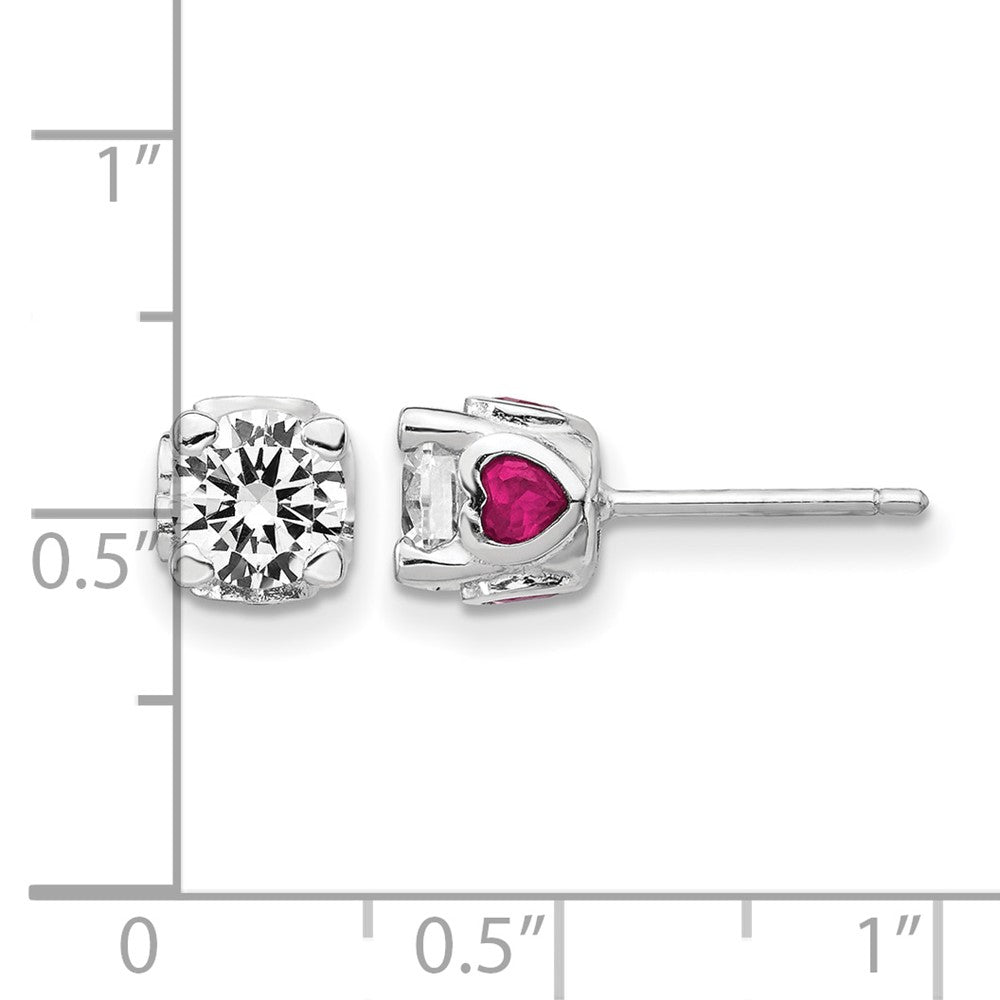 Cheryl M Sterling Silver Rhodium-plated Brilliant-cut Lab Created Ruby and Brilliant-cut White CZ with Heart Sides Stud Post Earrings
