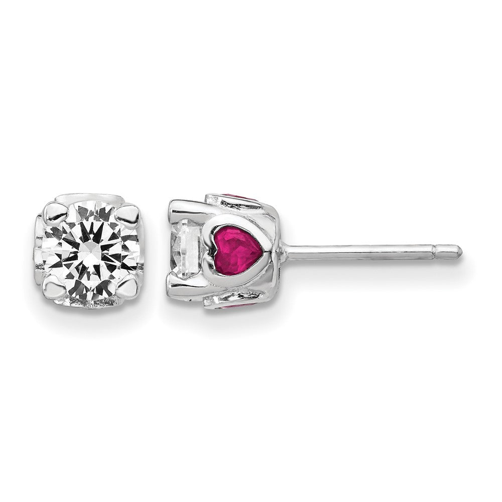 Cheryl M Sterling Silver Rhodium-plated Brilliant-cut Lab Created Ruby and Brilliant-cut White CZ with Heart Sides Stud Post Earrings