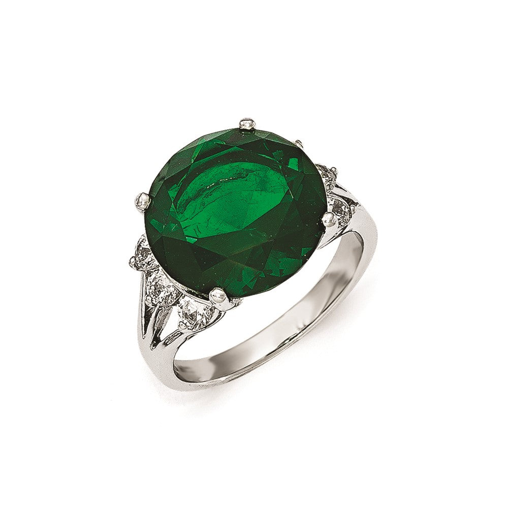 Cheryl M Sterling Silver AAA CZ and Glass Simulated Emerald Ring