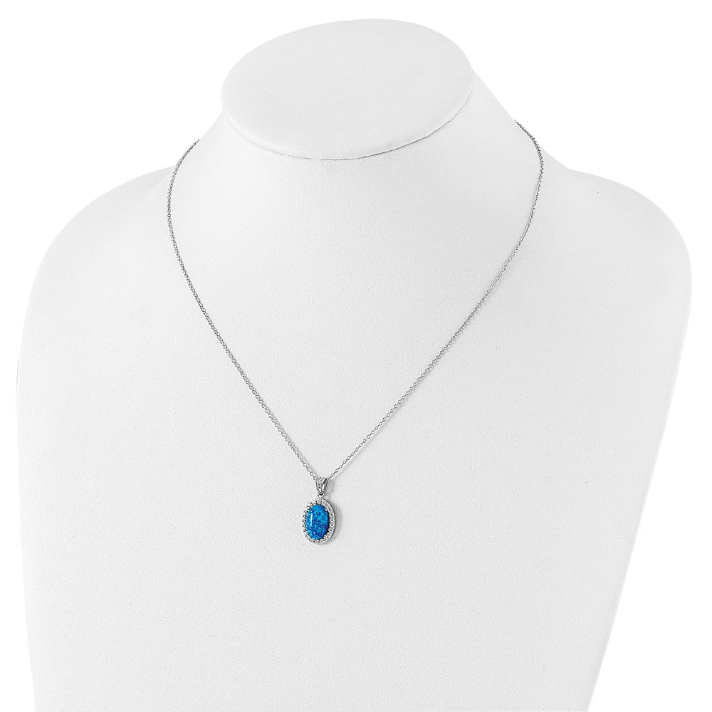 Cheryl M Sterling Silver Rhodium-plated Cabochon Lab Created Blue Opal and Brilliant-cut CZ Oval 18.5 Inch Necklace