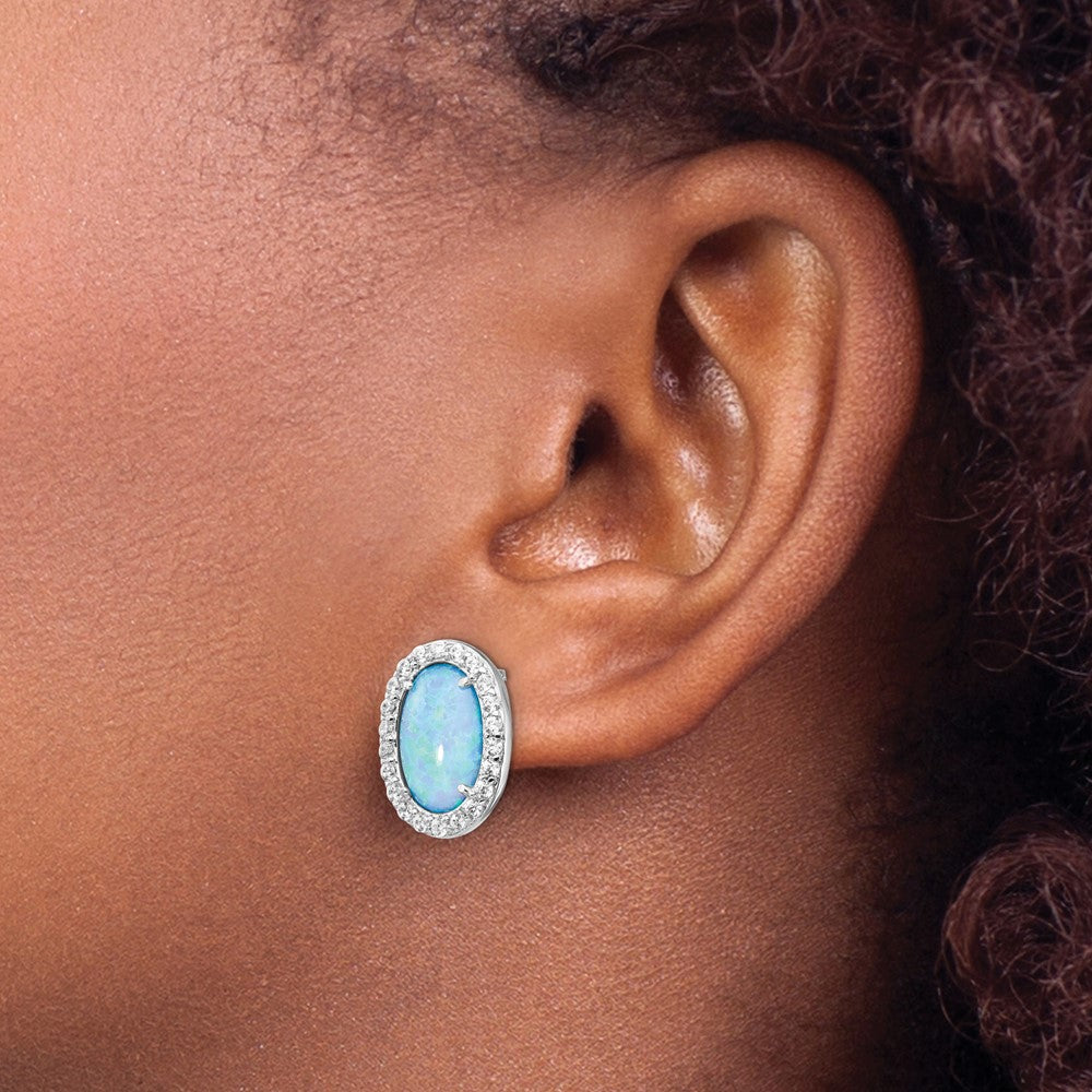 Cheryl M Sterling Silver Rhodium-plated Cabochon Lab Created Blue Opal and Brilliant-cut CZ Oval Post Earrings
