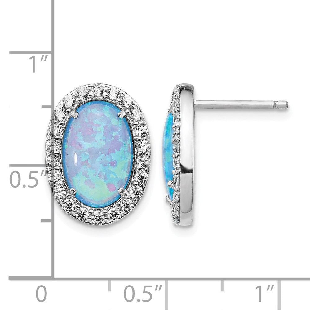 Cheryl M Sterling Silver Rhodium-plated Cabochon Lab Created Blue Opal and Brilliant-cut CZ Oval Post Earrings