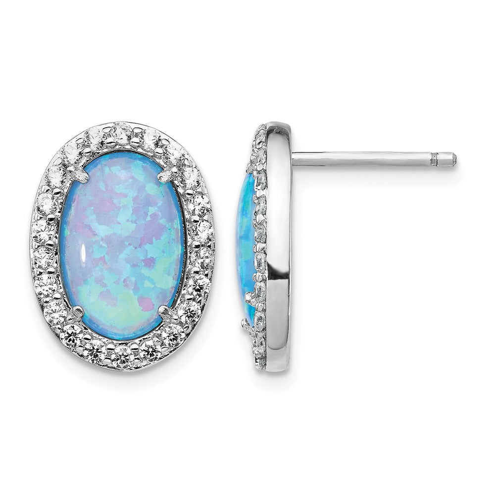 Cheryl M Sterling Silver Rhodium-plated Cabochon Lab Created Blue Opal and Brilliant-cut CZ Oval Post Earrings