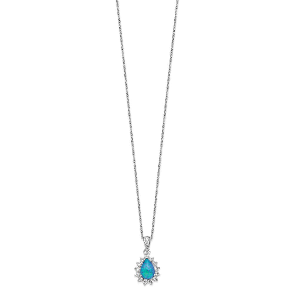 Cheryl M Sterling Silver Rhodium-plated Cabochon Lab Created Blue Opal and Brilliant-cut CZ Pear 18 Inch Necklace