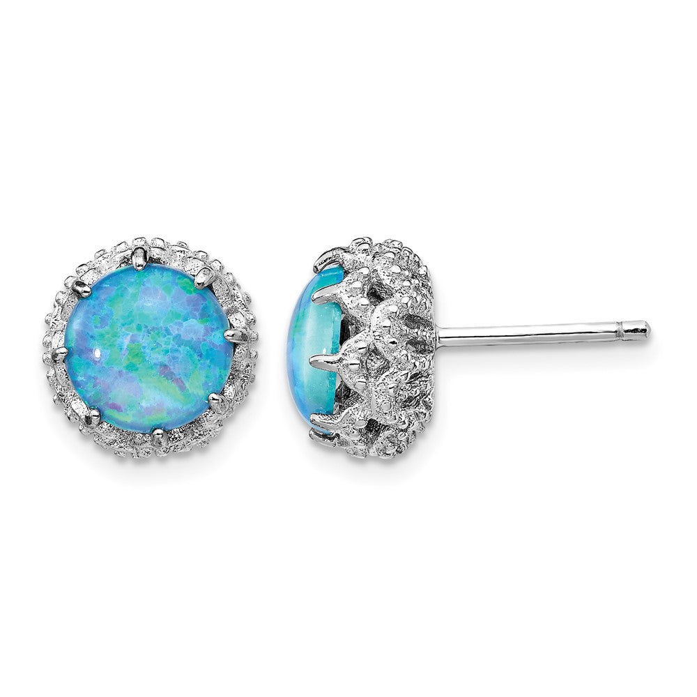 Cheryl M Sterling Silver Rhodium-plated Cabochon Lab Created Blue Opal and Brilliant-cut CZ Post Earrings