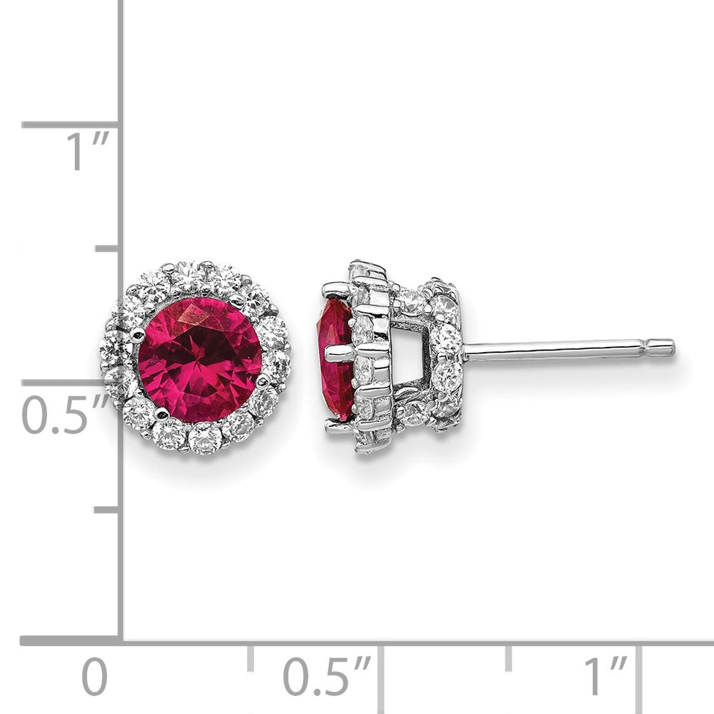 Cheryl M Sterling Silver Rhodium-plated Brilliant-cut Lab Created Ruby and Brilliant-cut White CZ Round Halo Post Earrings