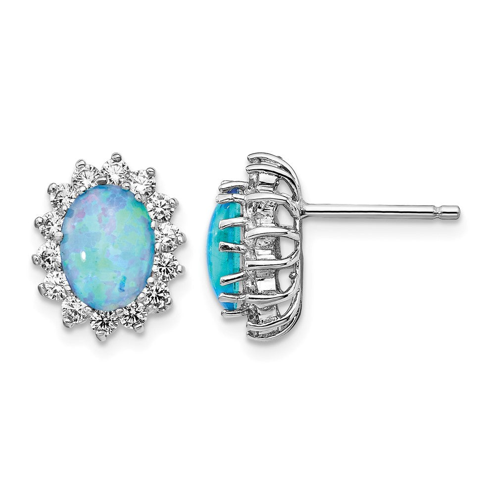 Cheryl M Sterling Silver Rhodium-plated Cabochon Lab Created Blue Opal and Brilliant-cut CZ Post Earrings