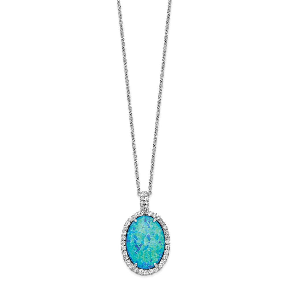 Cheryl M Sterling Silver Rhodium-plated Cabochon Lab Created Blue Opal and Brilliant-cut CZ Oval 18.5 Inch Necklace