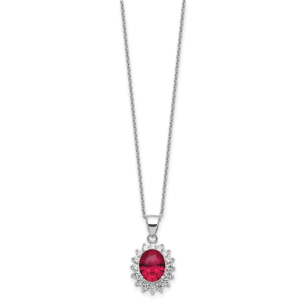 Cheryl M Sterling Silver Rhodium-plated Brilliant-cut Lab Created Ruby and Brilliant-cut White CZ Oval Halo 18.25 Inch Necklace
