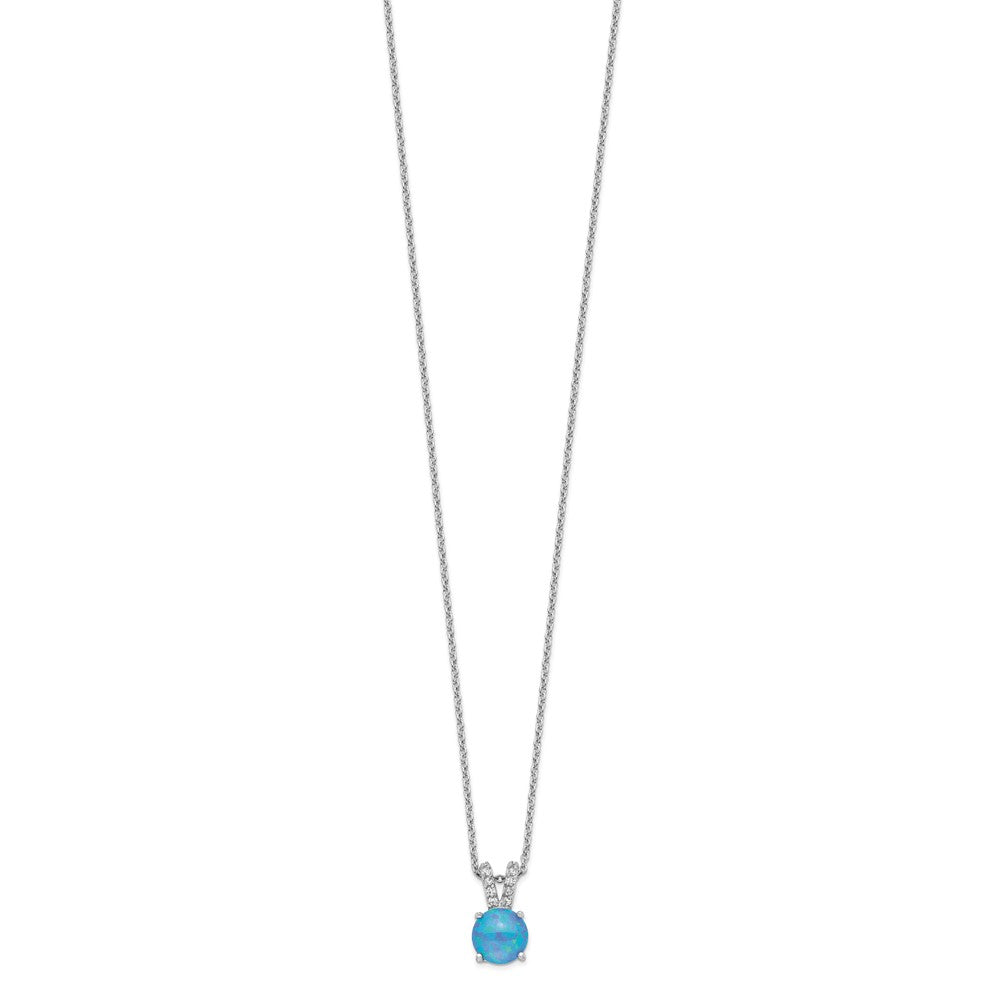 Cheryl M Sterling Silver Rhodium-plated Cabochon Lab Created Blue Opal and Brilliant-cut CZ Split Bail 18.5 Inch Necklace