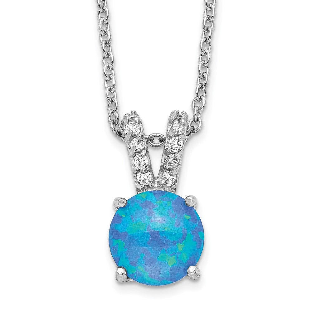 Cheryl M Sterling Silver Rhodium-plated Cabochon Lab Created Blue Opal and Brilliant-cut CZ Split Bail 18.5 Inch Necklace