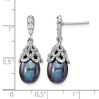 Cheryl M Sterling Silver Rhodium-plated Black Teardrop Freshwater Cultured Pearl and Brilliant-cut CZ Post Dangle Earrings