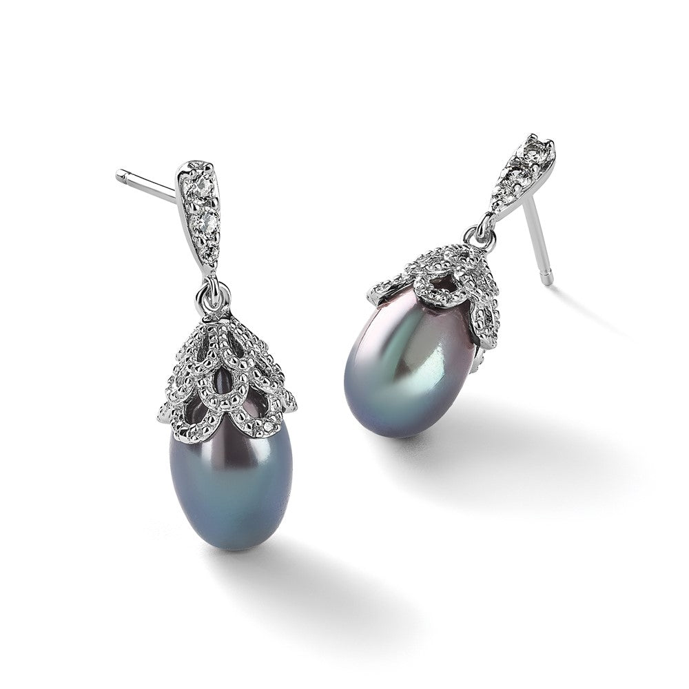 Cheryl M Sterling Silver Rhodium-plated Black Teardrop Freshwater Cultured Pearl and Brilliant-cut CZ Post Dangle Earrings