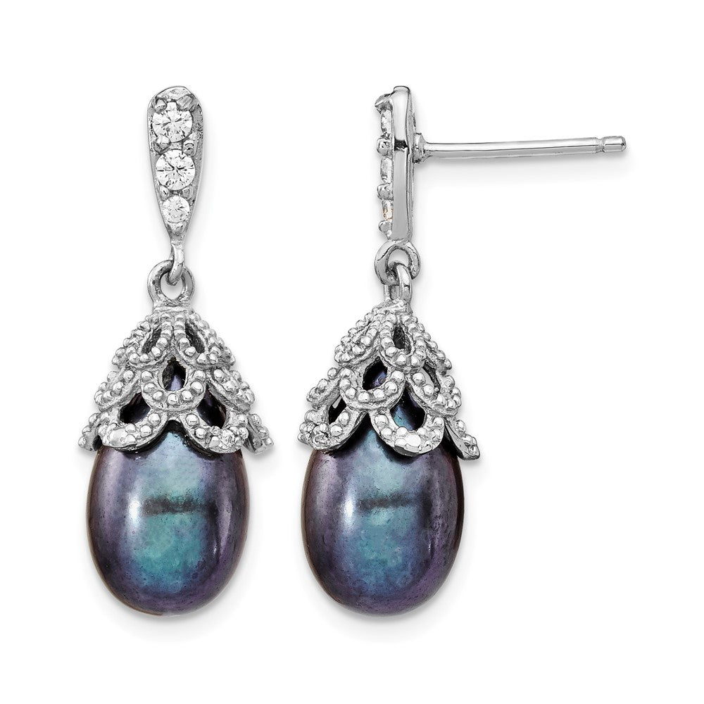 Cheryl M Sterling Silver Rhodium-plated Black Teardrop Freshwater Cultured Pearl and Brilliant-cut CZ Post Dangle Earrings