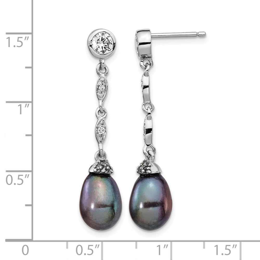 Cheryl M Sterling Silver Rhodium-plated Black Teardrop Freshwater Cultured Pearl and Brilliant-cut CZ Bezel Post Dangle Earrings
