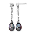 Cheryl M Sterling Silver Rhodium-plated Black Teardrop Freshwater Cultured Pearl and Brilliant-cut CZ Bezel Post Dangle Earrings