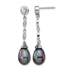 Cheryl M Sterling Silver Rhodium-plated Black Teardrop Freshwater Cultured Pearl and Brilliant-cut CZ Bezel Post Dangle Earrings